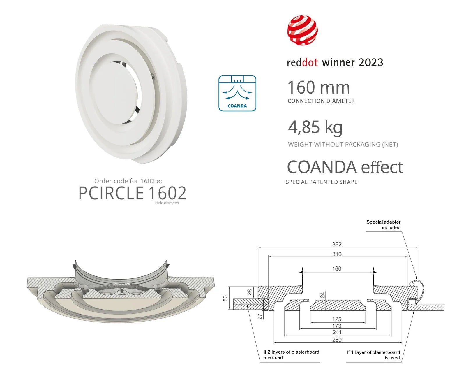 Air Diffusers Gypsum "Performance Circle Coanda" - 2 Slots