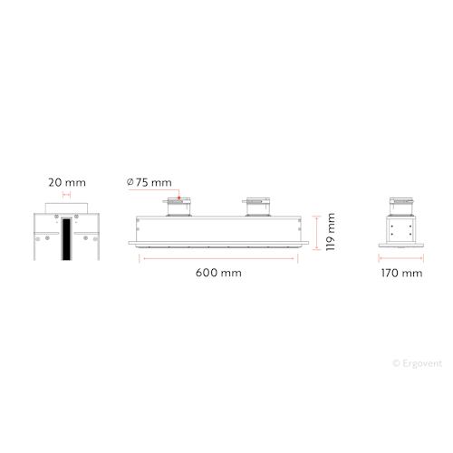 Slot ventilation diffuser ERGOVENT LINEO-600 VERTICAL connection (2 x 75 mm duct conections / 1 slot x 600 mm x 20 mm / with damper)