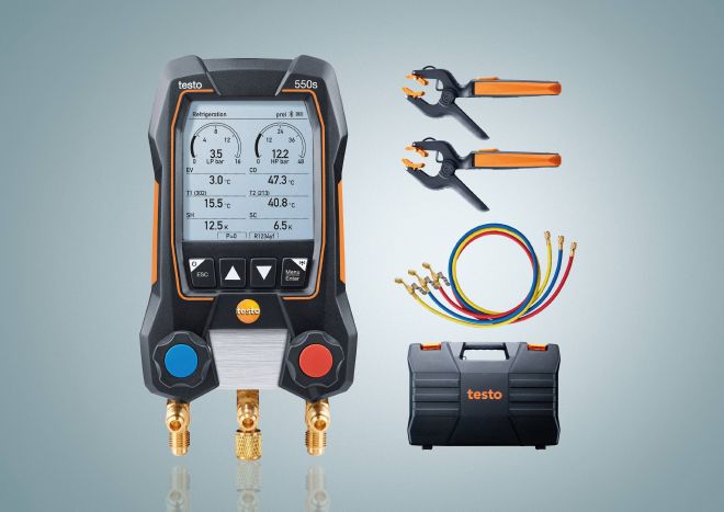 testo 550s Smart Kit with filling hoses - Smart digital manifold with wireless clamp temperature probes and hose filling set with 3 hoses