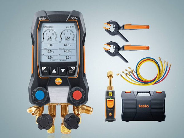 testo 557s Smart Vacuum Kit with filling hoses - Smart digital manifold with wireless vacuum and clamp temperature probes and hose filling set with 4 hoses